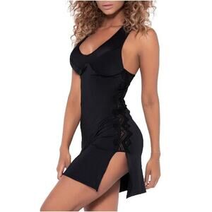 Mapale Women Black Lace Sexy Babydoll Lingerie Chemise & Thong Set Size S